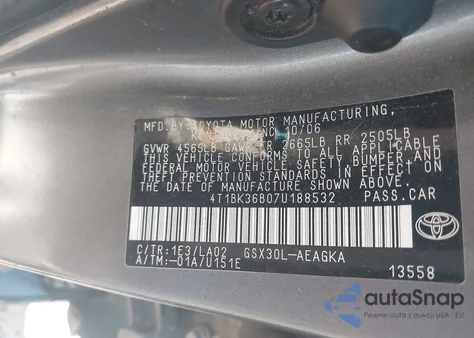 2007 Toyota Avalon Xls из США, поврежденный, VIN 4T1BK36B07U188532